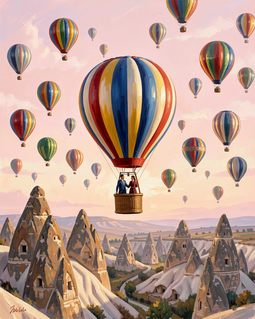 A hot air balloon drifts silently over the fairy chimneys of Cappadocia at dawn, dozens of other balloons rising colorfully into the pink sky, a quiet sense of accomplishment visible in the posture and expression of those involved.