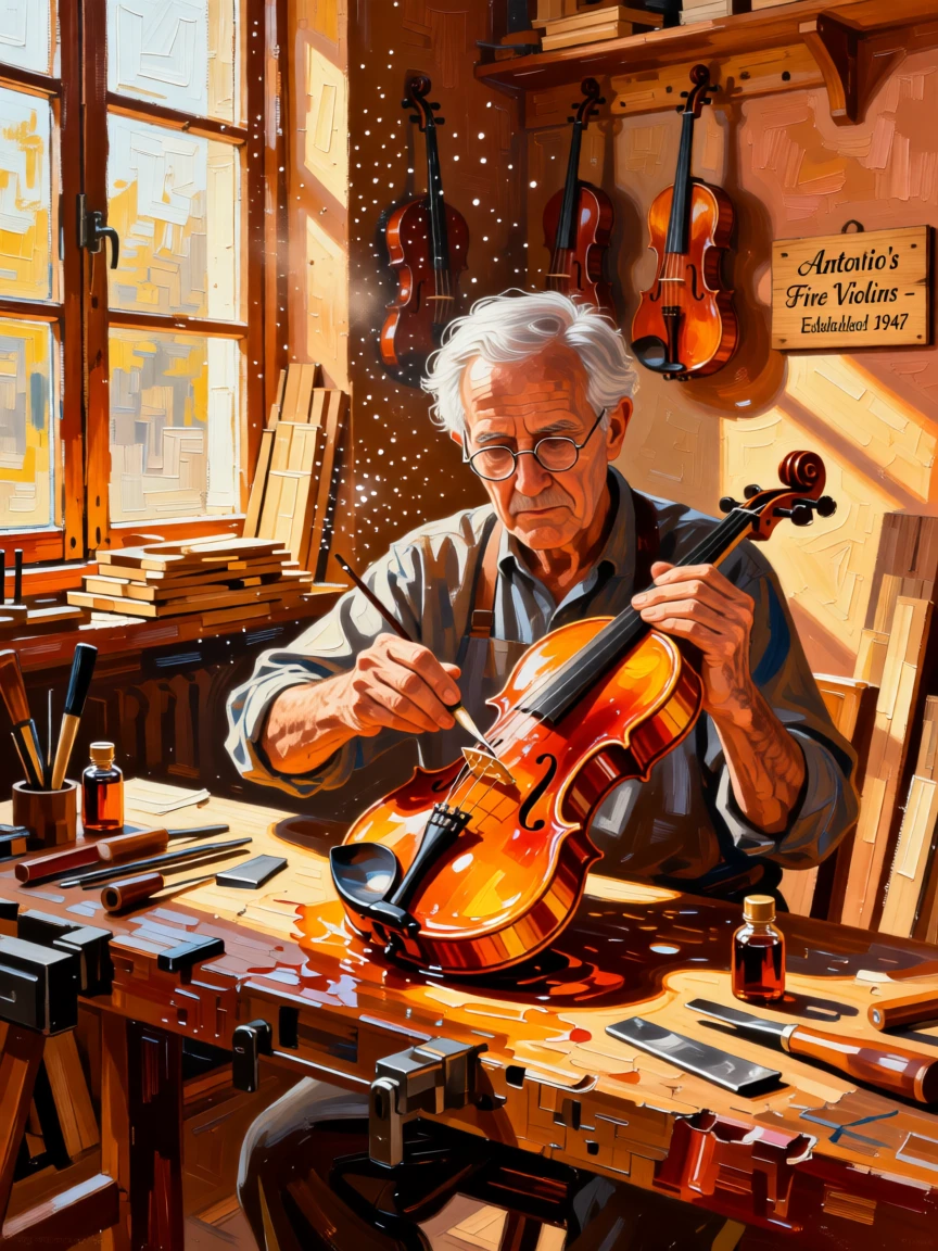 An elderly violin maker carefully varnishing an instrument in his sunlit workshop