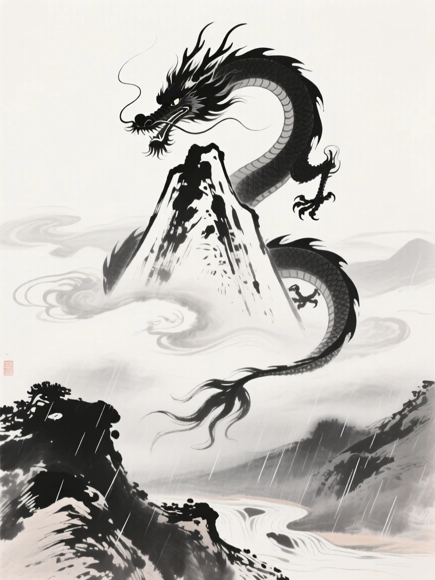 A dragon curls protectively around a mountain peak shrouded in cloud, with rain sweeping across the valley below.