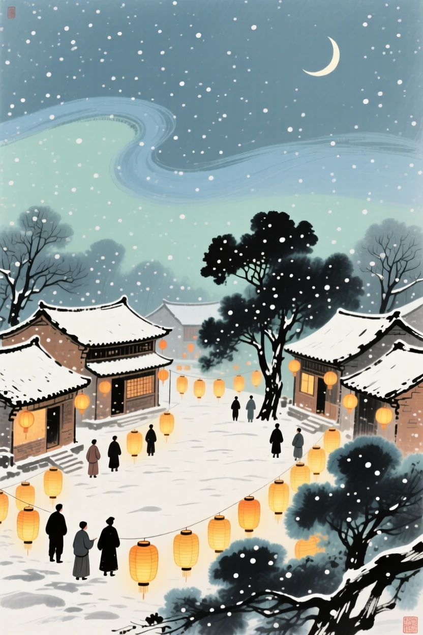 A lantern festival filling a village square with warm golden light, under the first snow of winter, beneath a crescent moon, imbued with timeless calm.