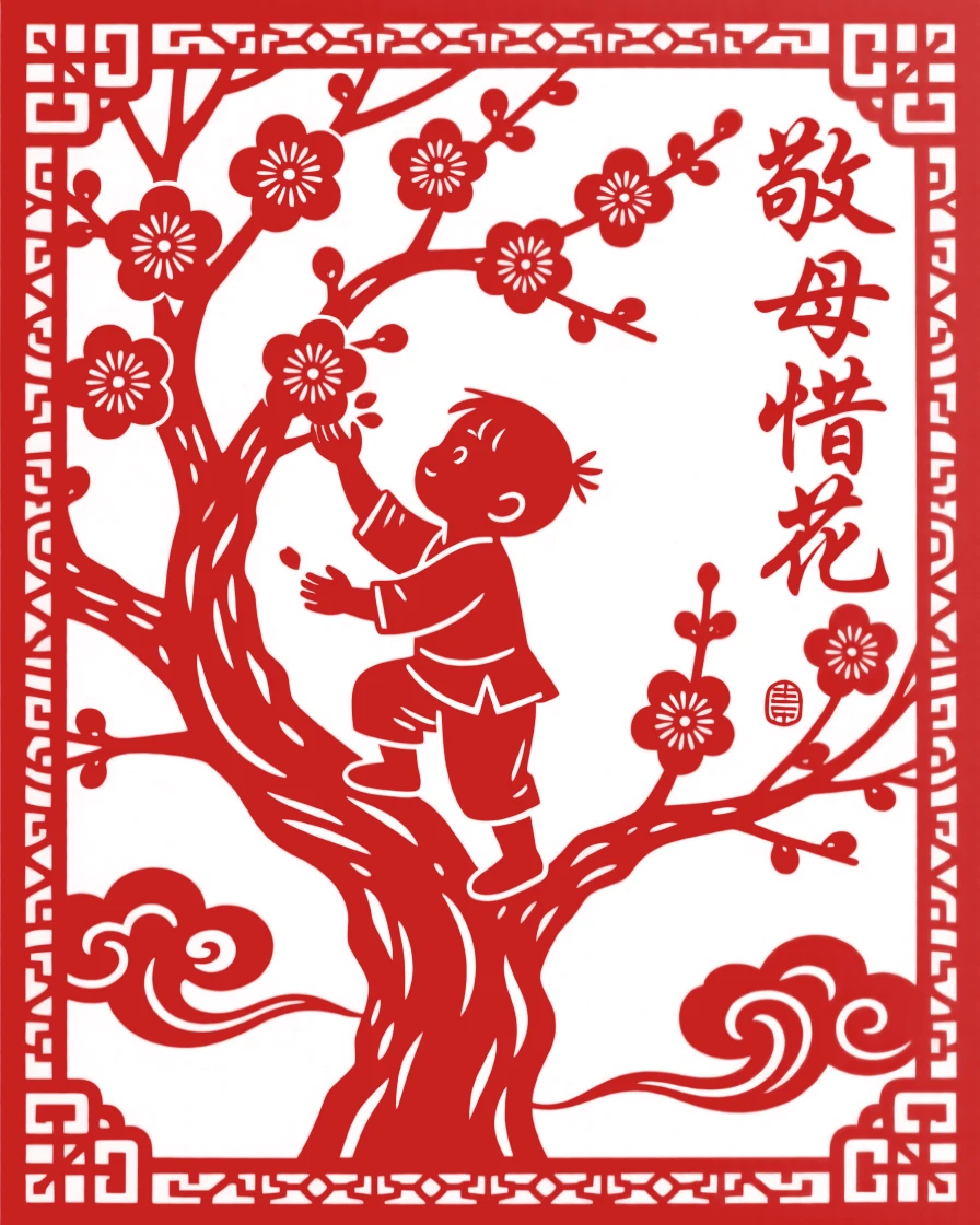 A boy climbing an old plum tree to pick blossoms for his mother, careful not to crush the petals