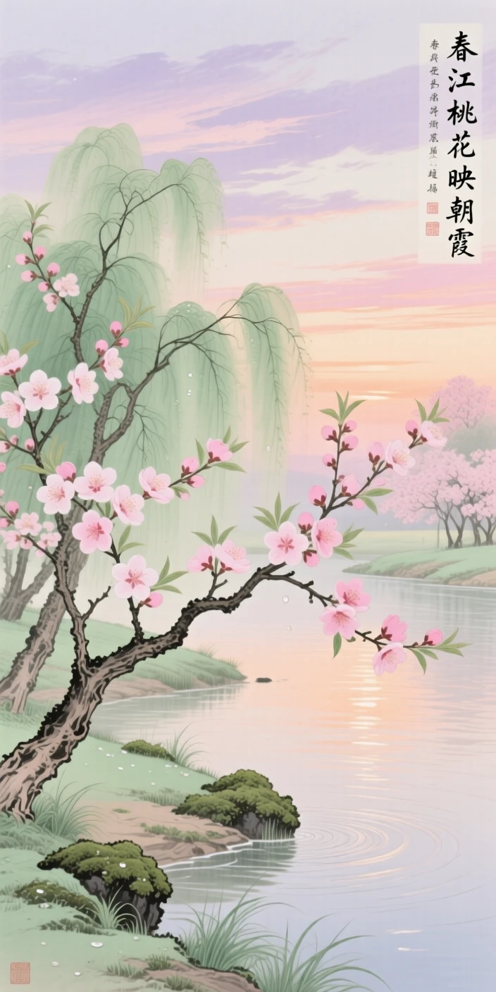 Peach blossoms blooming along a riverbank in early spring, beneath a sky streaked with the colors of early morning