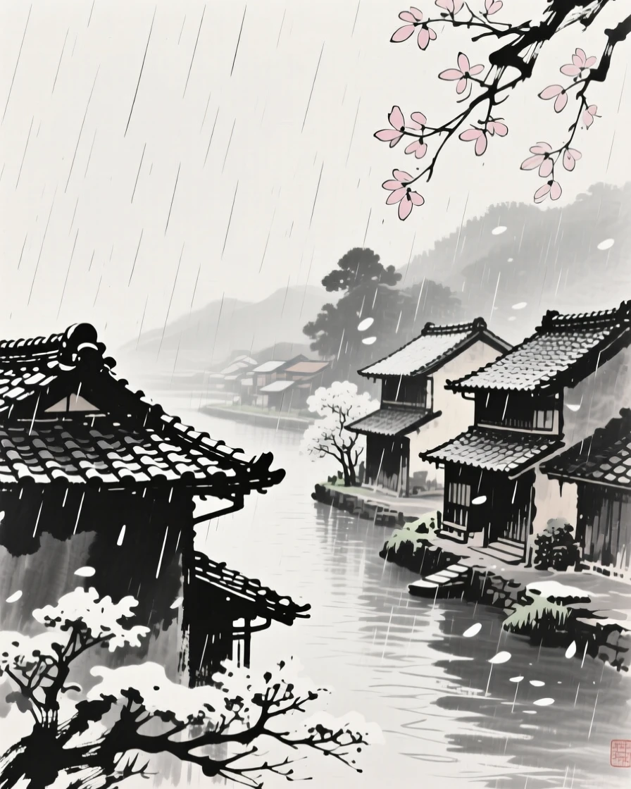 A summer rain shower over a quiet village rooftop in a small riverside town, framed through drifting petals or falling snow for depth, capturing the quiet magic of a changing season.