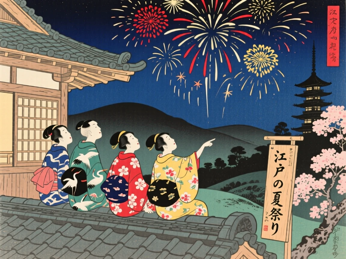 A group of friends watching fireworks together from a rooftop.