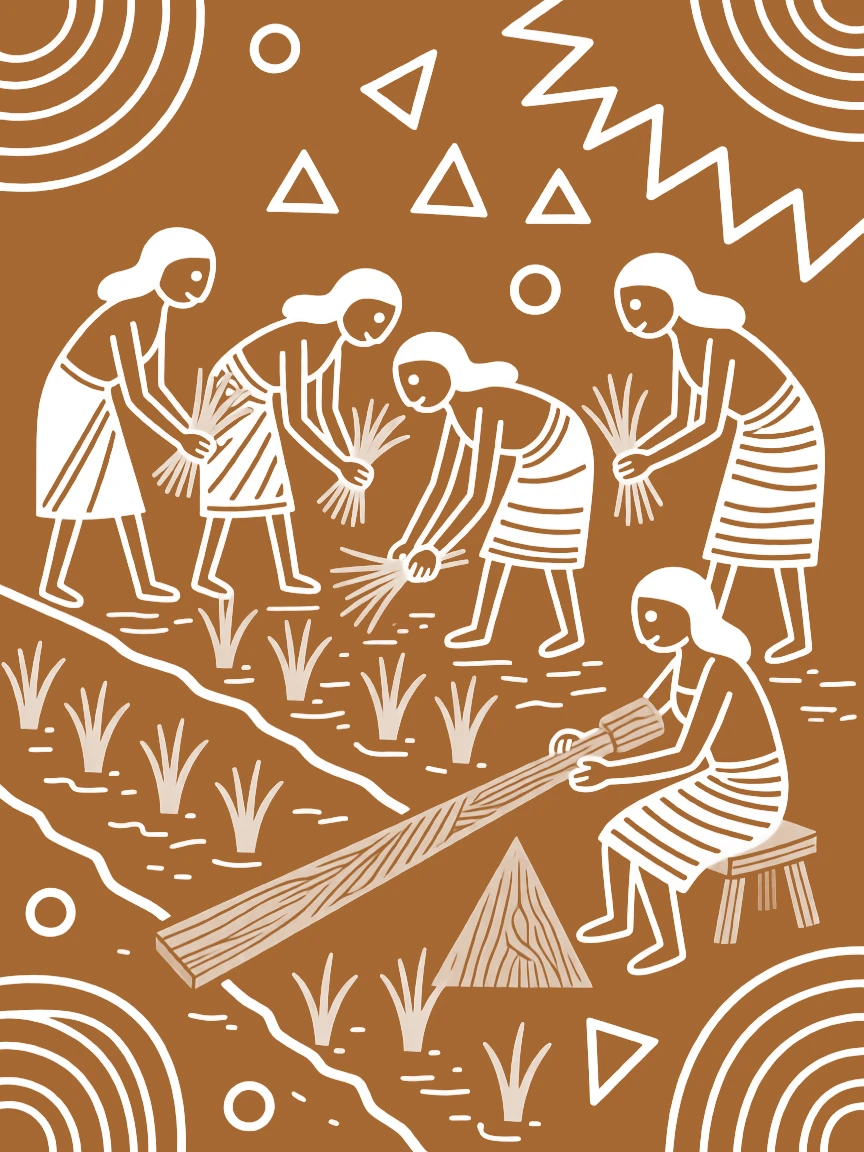 A group of women transplanting rice seedlings carving a wooden tool by hand.
