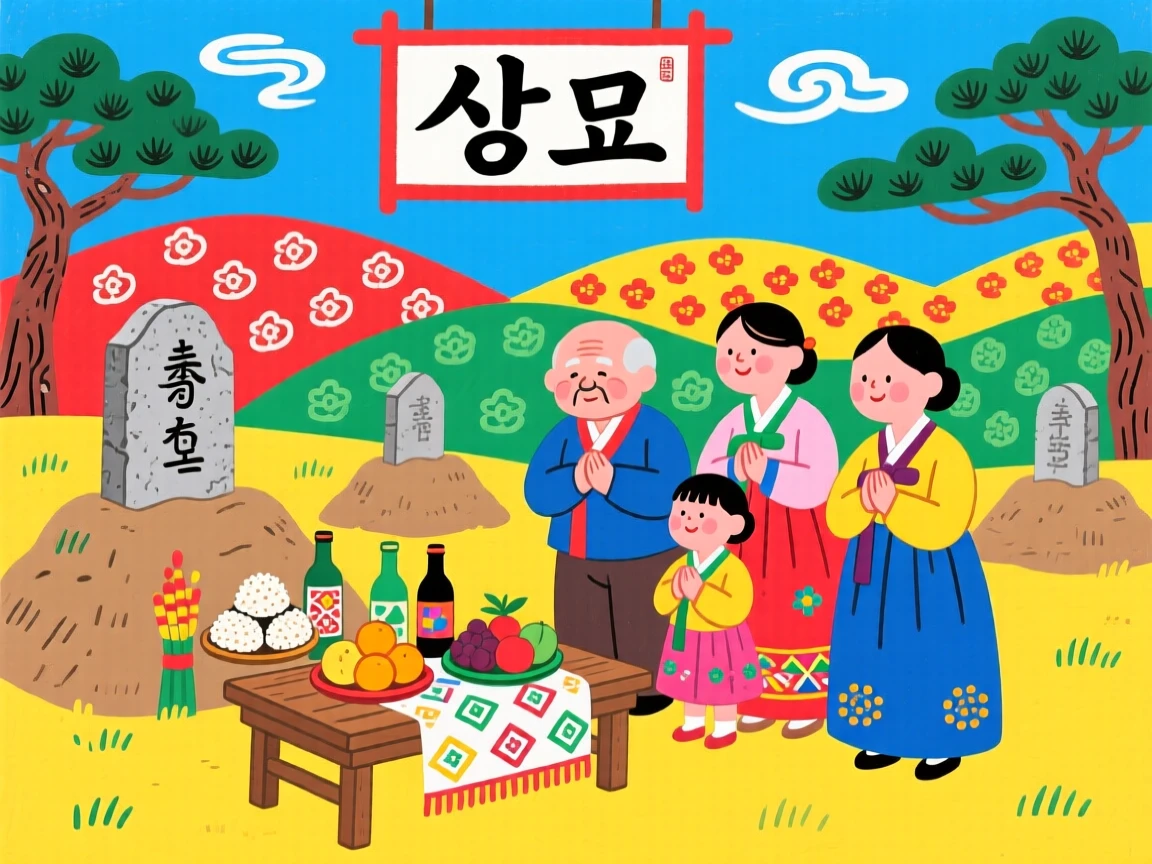 A family visiting ancestral graves with offerings during a memorial holiday.