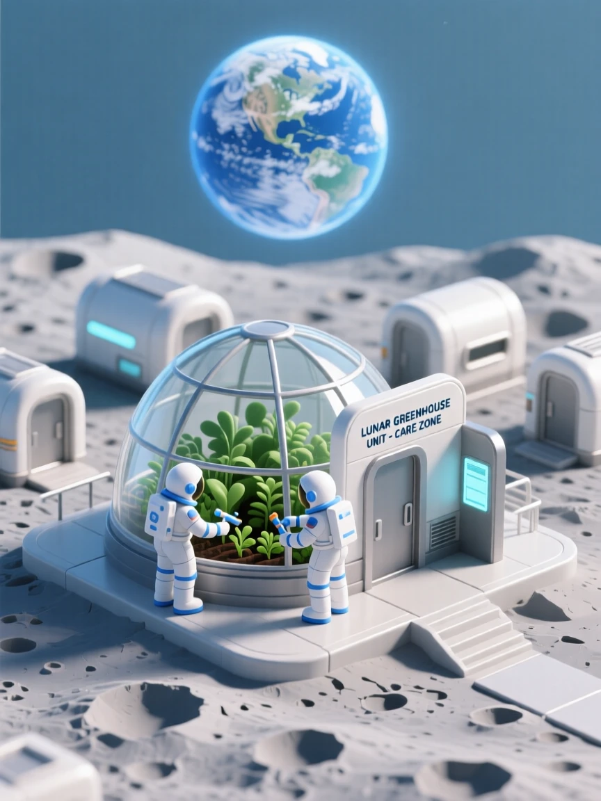 A lunar research base with astronauts tending a greenhouse dome, Earth rising over the crater-pocked horizon.