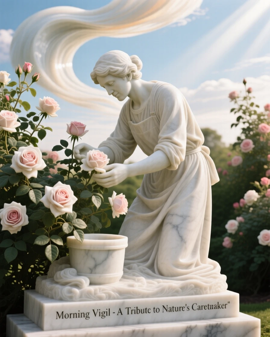 An evocative depiction of a gardener tending roses in early morning light, under a brilliant, colorful sky, balancing detail with emotional depth