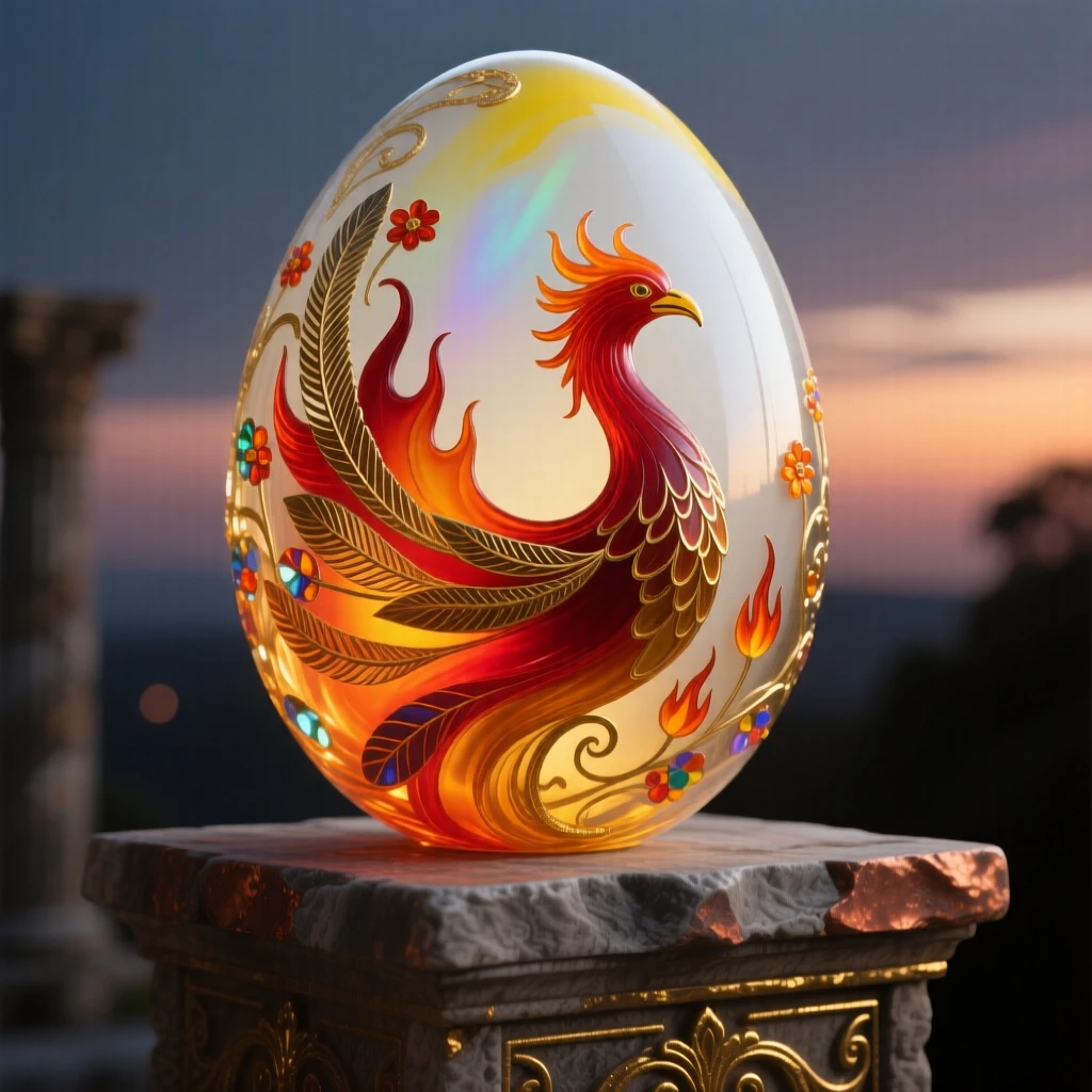 A grand phoenix egg glowing softly atop an ancient altar at dusk, sacred and mysterious.