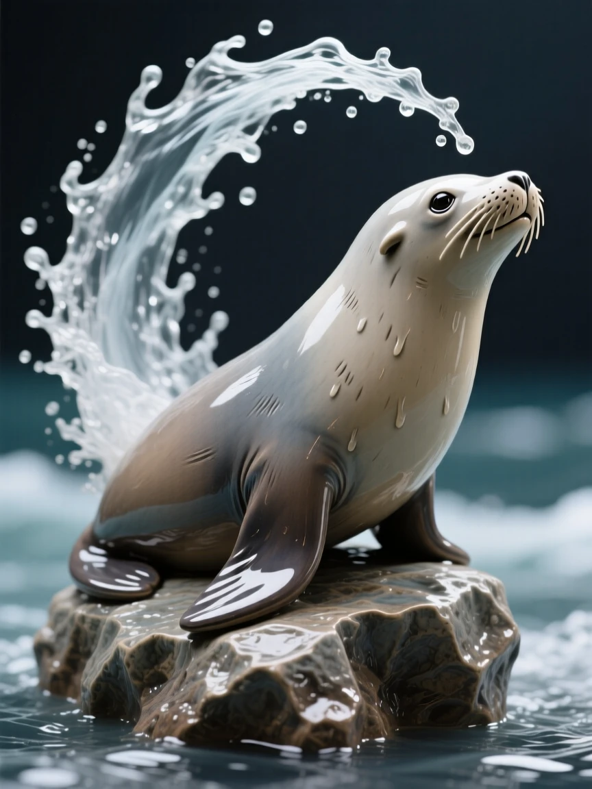 A sea lion balancing on a rock breaching in a dramatic arc of spray, its surface dappled with shifting light patterns, conveying calm, fluid tranquility.