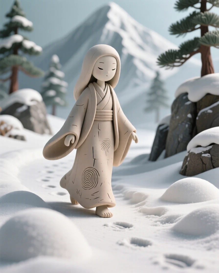 A yuki-onna gliding silently across a snow-covered mountain path