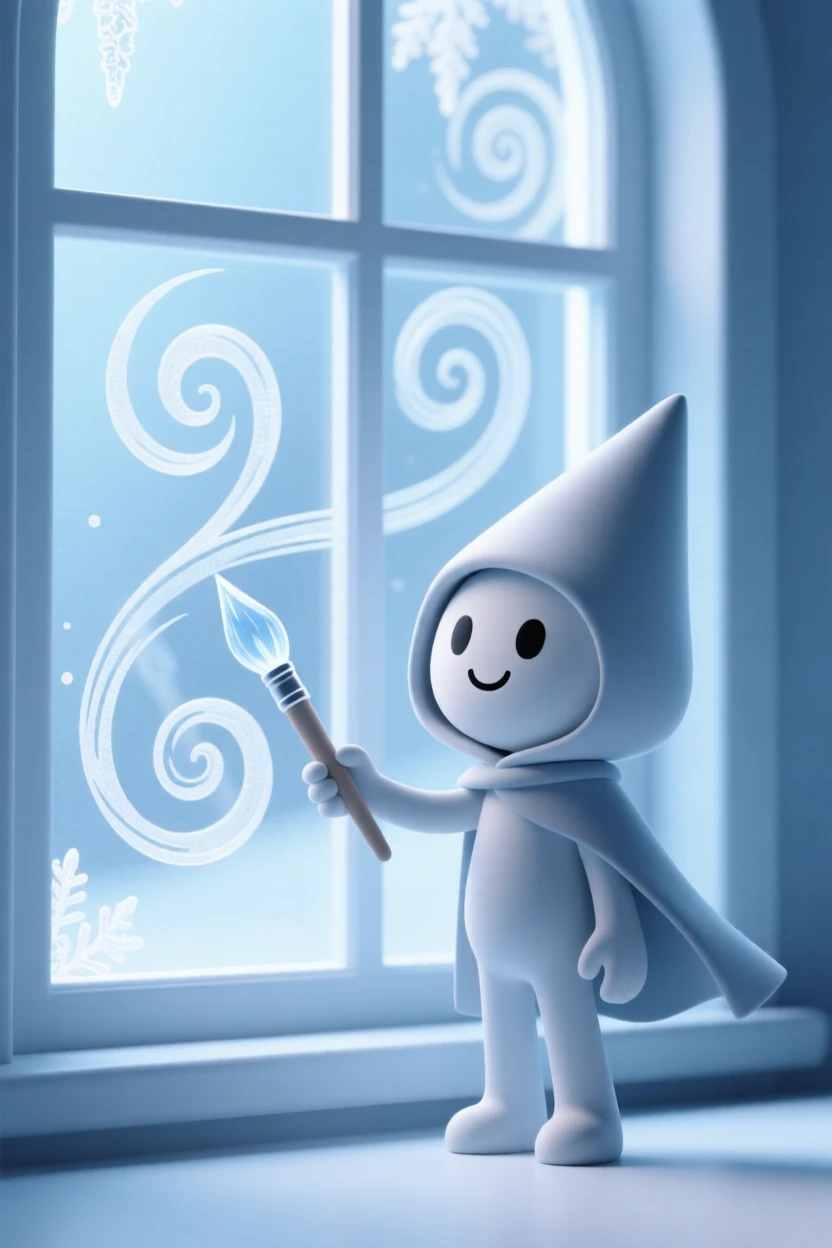A cheerful jack frost sprite paints delicate icy swirls across a windowpane on the year's first cold morning.