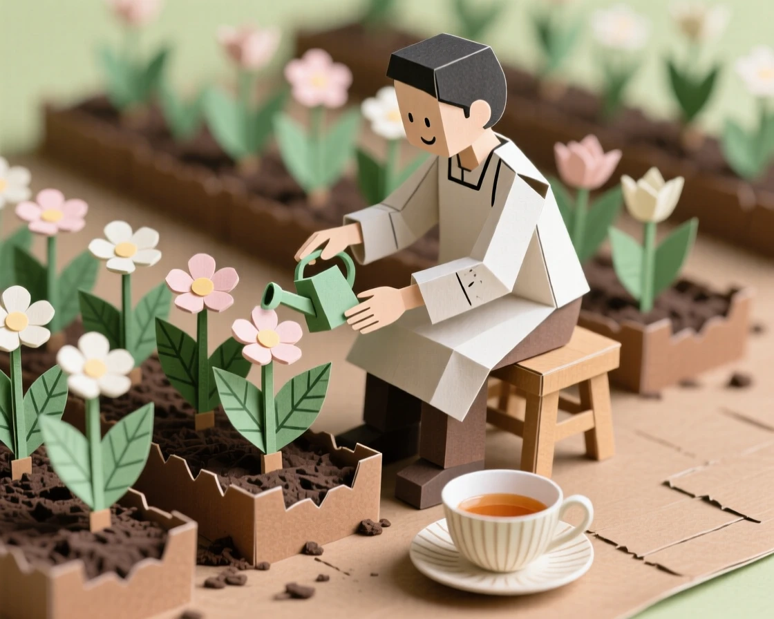 A dedicated painter tending rows of blooming plants, with a cup of tea resting close by, evoking calm and personal fulfillment.