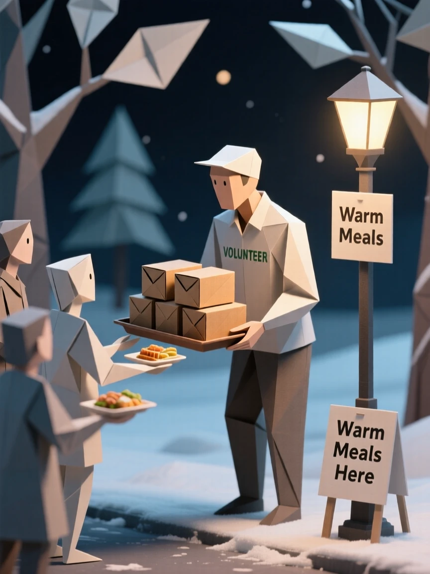 A volunteer handing out warm meals to those in need on a cold evening.