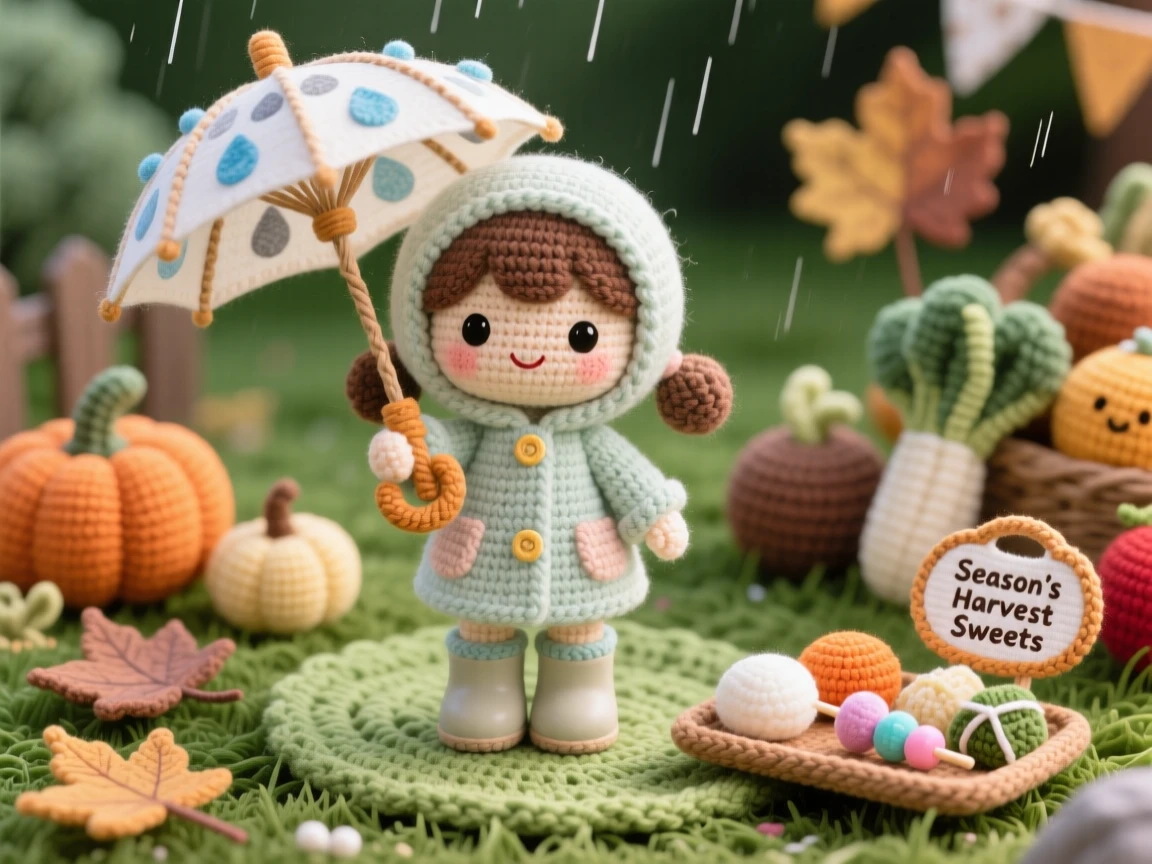 a little girl holding a small paper umbrella, for a rainy season festival, twirling it gently in a light drizzle, at a family garden set for a harvest gathering, with a small tray of traditional sweets nearby, radiating joyful community celebration and shared tradition.