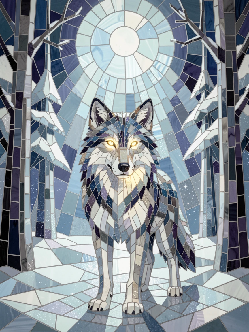 A mystical wolf with glowing eyes standing in a moonlit snowy forest, rendered with dramatic magical lighting and rich atmospheric detail.