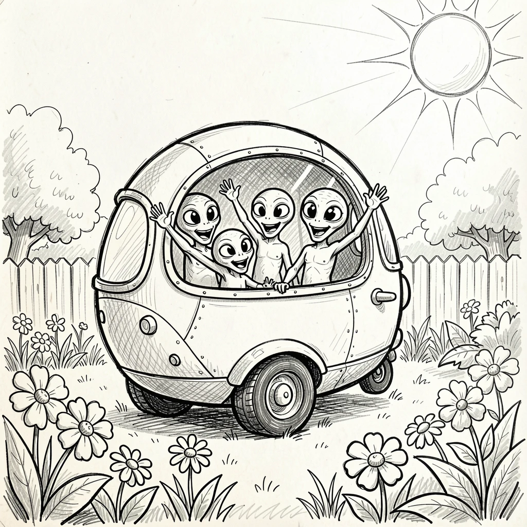 An alien family waving from their spaceship window in a sunny backyard garden.