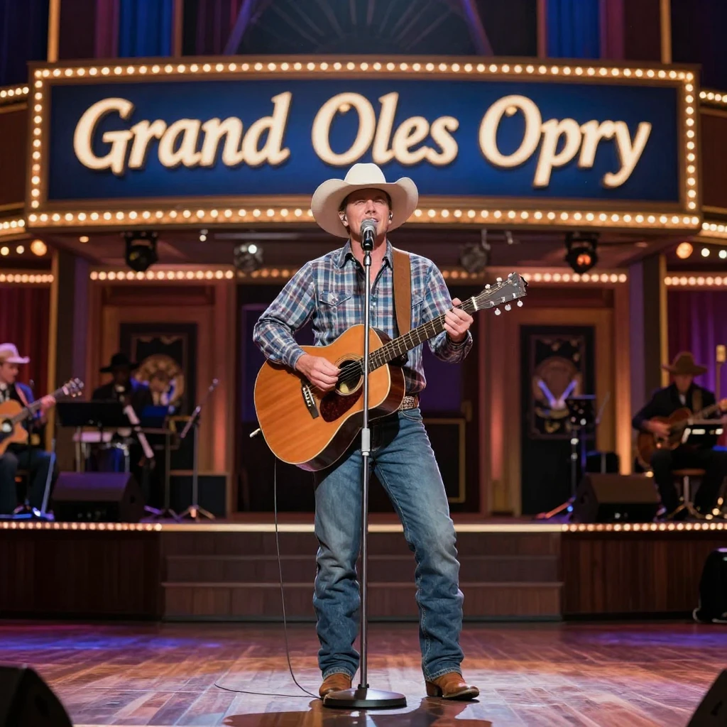 A Grand Ole Opry stage with a country singer performing