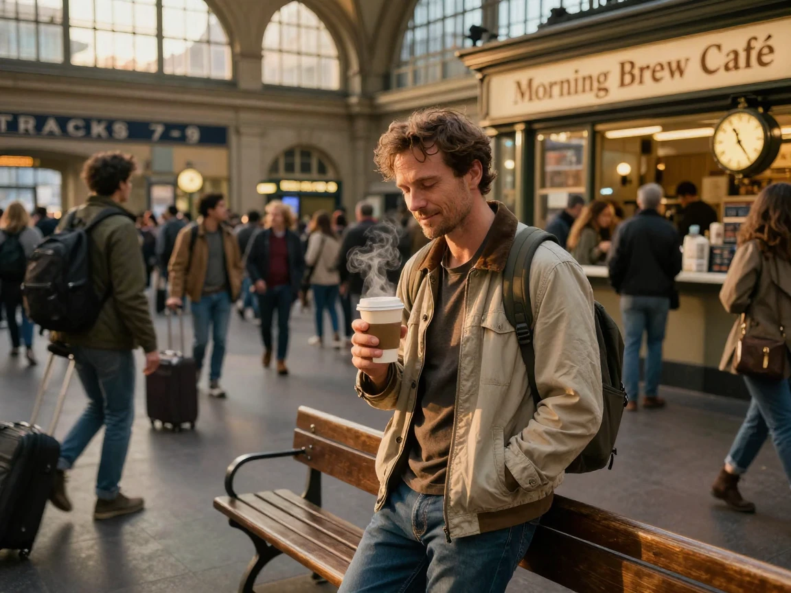 A tired traveler pausing to appreciate a simple joy in a crowded train station