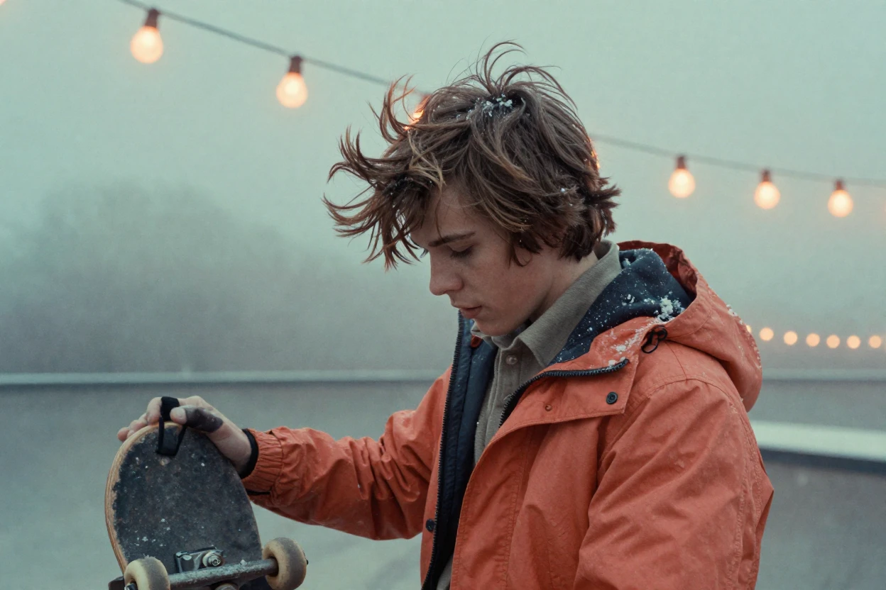 A teenage skateboarder pausing mid-trick, hair caught in the wind, under strings of warm string lights, in thick rolling fog, under the first snow of winter, in vivid coral and turquoise hues, in a tight close-up.