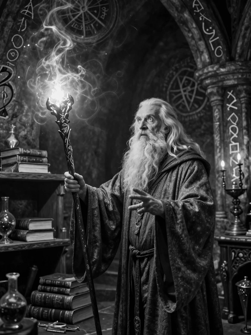 A wizard casts a glowing spell from an ancient staff within a hidden wizard's tower.