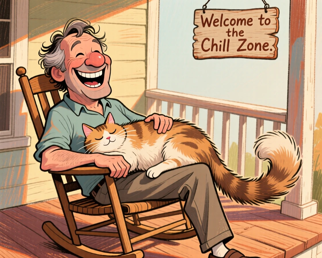A man relaxing on the porch with his cat sprawled lazily across his lap.