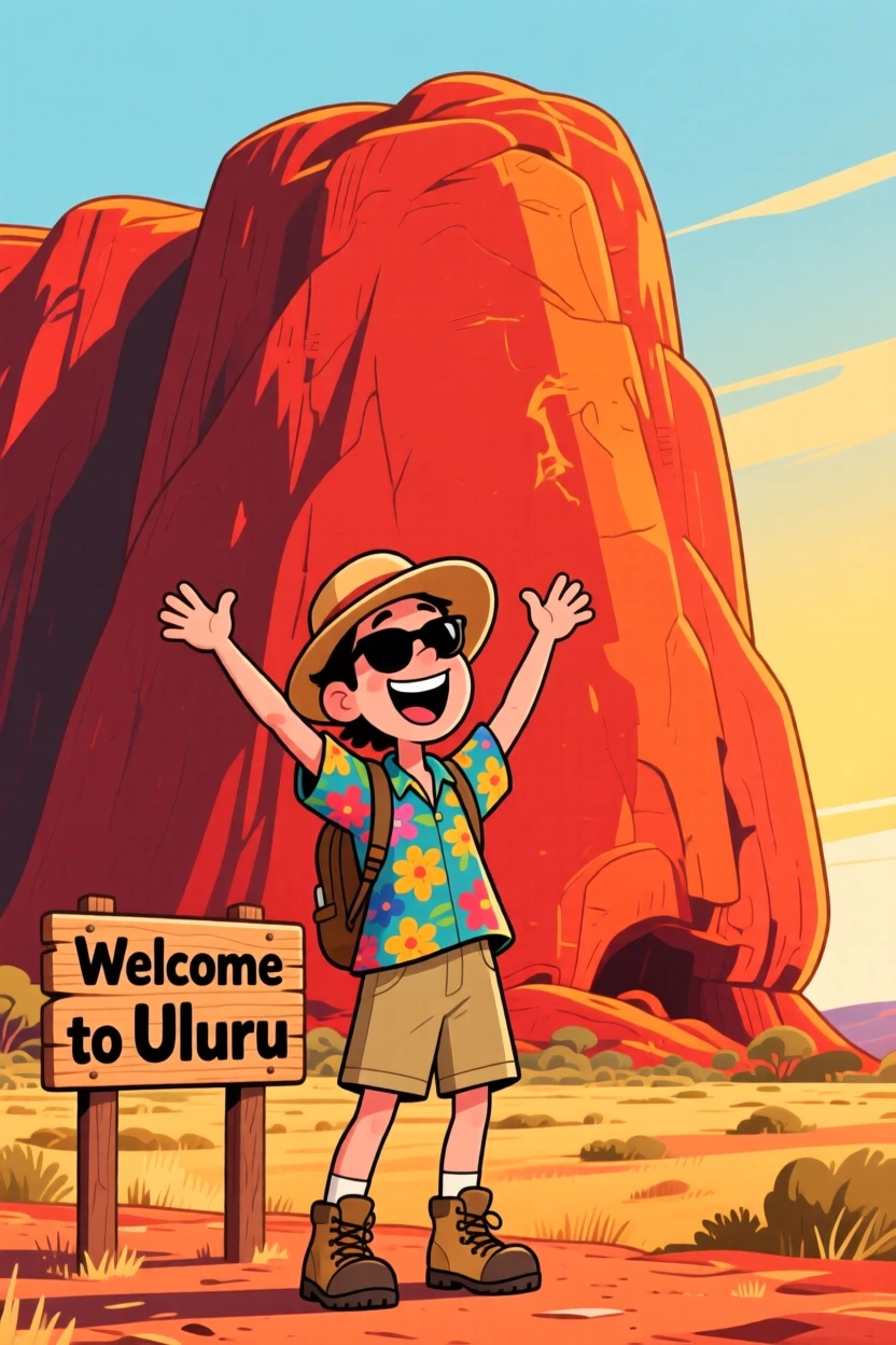 An iconic travel scene featuring a delighted tourist standing before the towering red rock of Uluru, as the golden afternoon light glows around them.