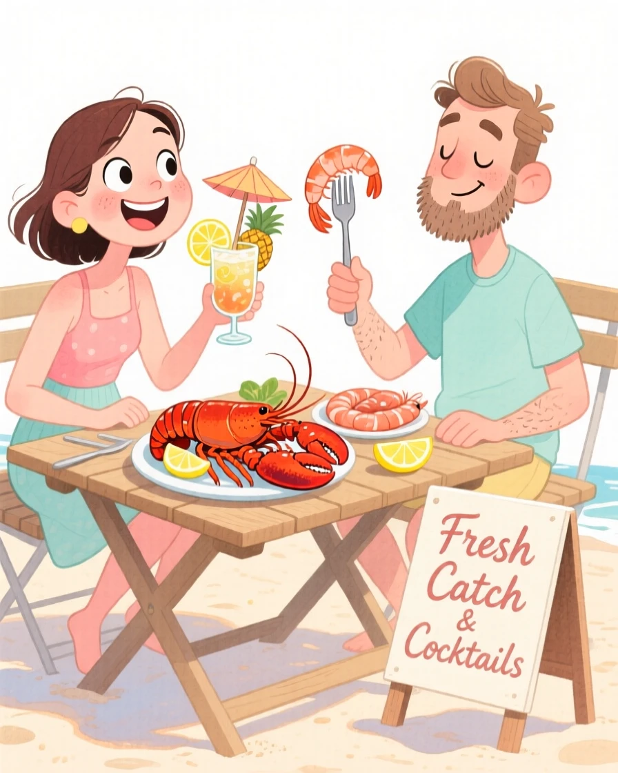 A cozy, appetizing, bright and cheerful scene of a beachside table with fresh seafood and tropical cocktails