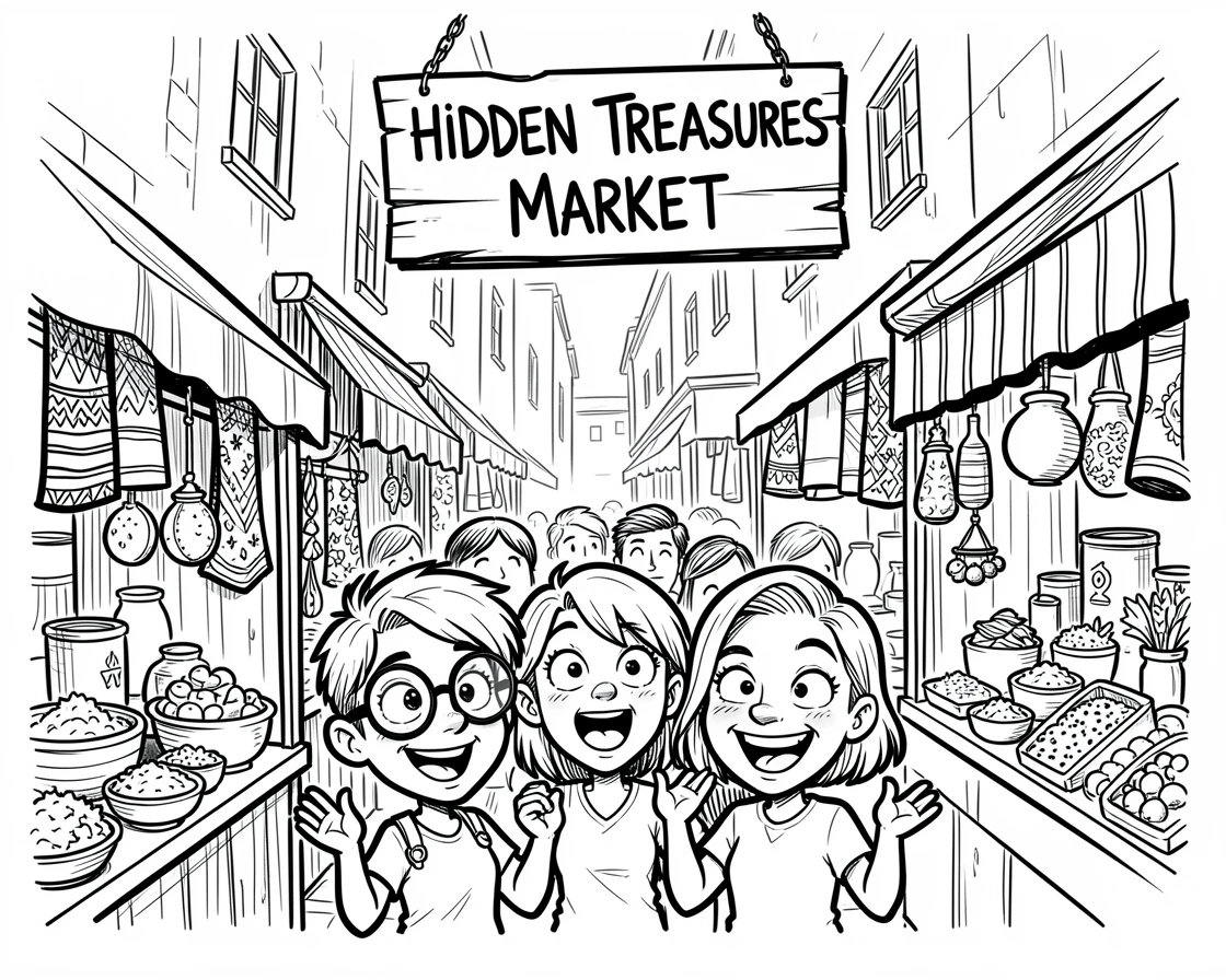[Travel & Cultural Experiences] Vivid travel scene of a curious group of friends exploring a hidden alleyway market, full of wonder and adventure
