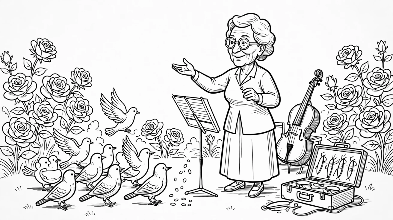 An elderly woman conducting an imaginary orchestra to old records, scattering breadcrumbs to an eager, cooing crowd, set in a garden bursting with prize roses. A tackle box sits open, lures gleaming in the sun. It captures the quiet joy of passing traditions down.