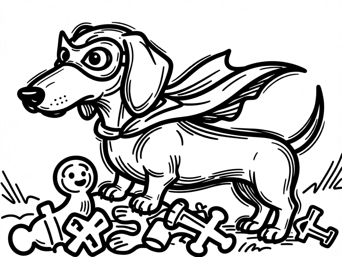 A dachshund wearing a tiny cape and mask, guarding a pile of toys heroically.