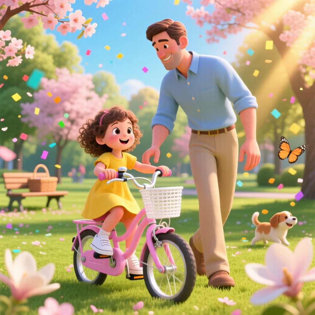 A father teaching his daughter to ride a bike unfolds in a sunlit park filled with blooming trees, with confetti drifting through the air. A heartfelt sense of happiness fills the moment.