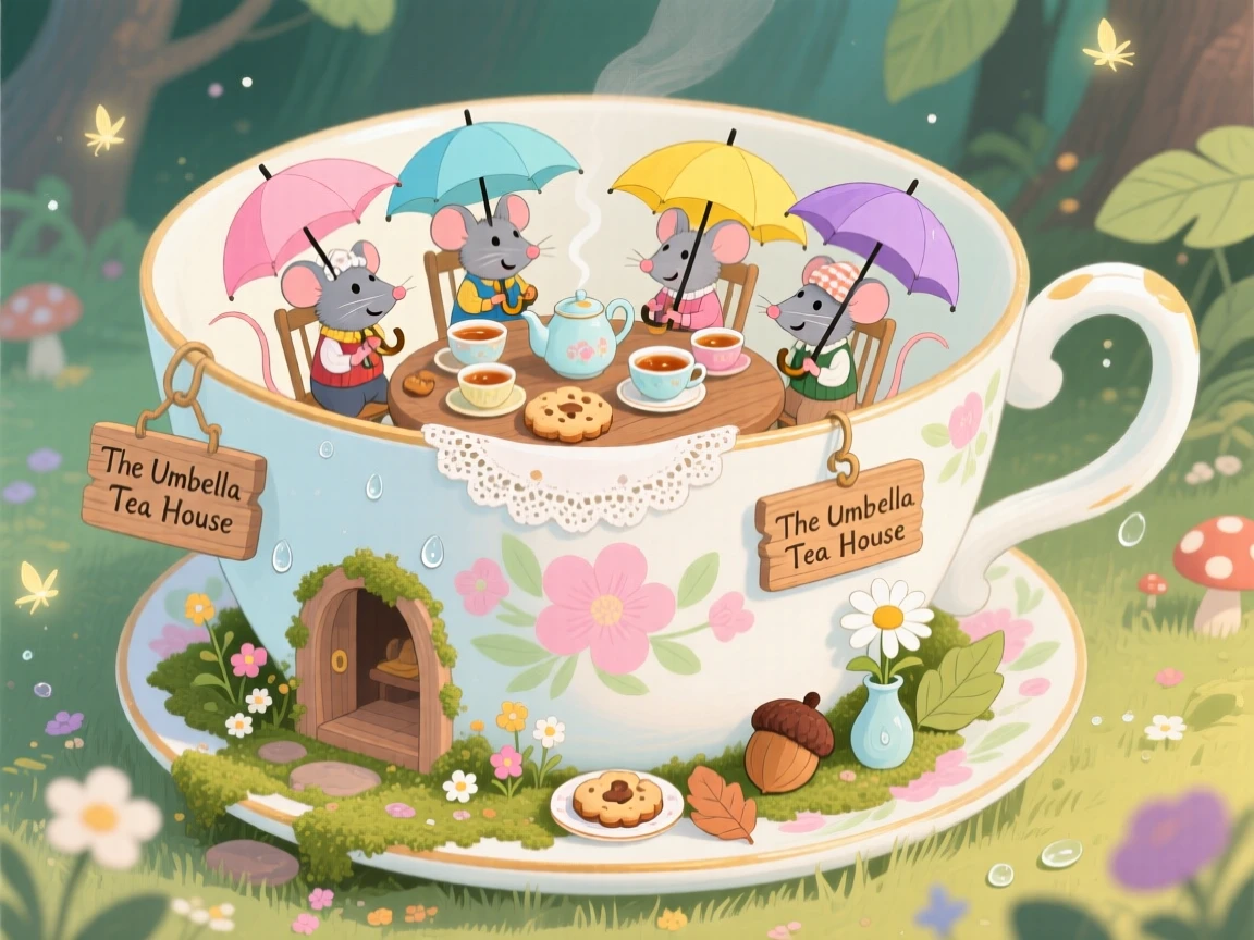A group of umbrella-riding mice delights in hosting a tea party at the bottom of a teacup, tucked within a world where teacups are houses, with everything wrapped in a cozy, storybook charm.