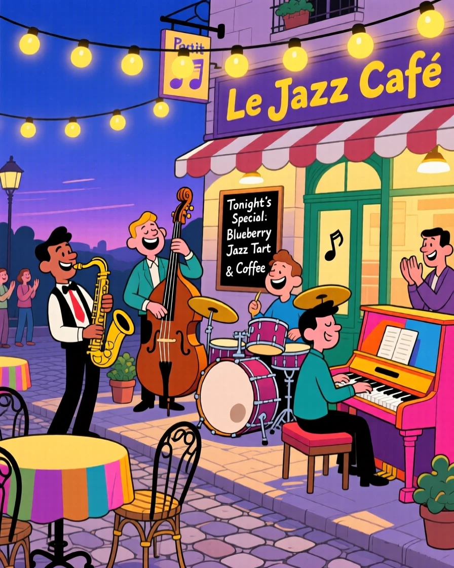 A jazz band playing beneath string lights at an outdoor cafe.