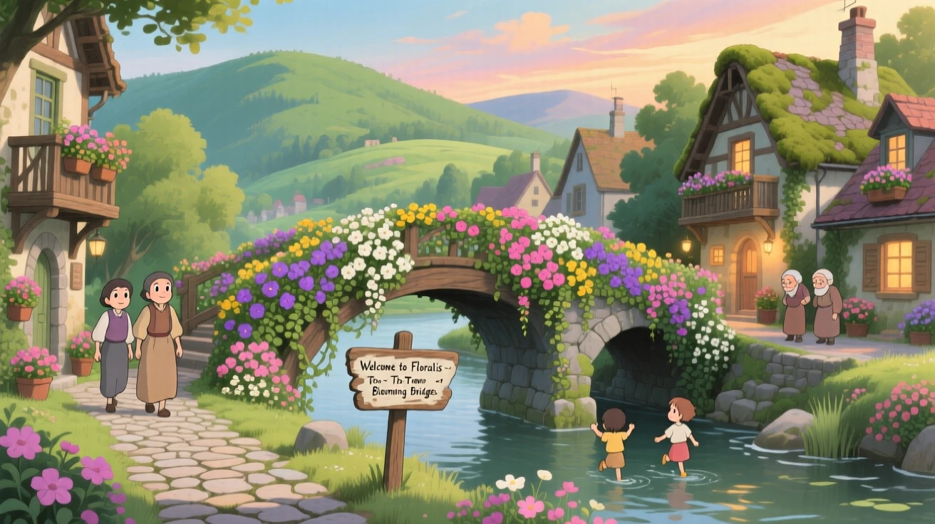 A scenic view of a riverside town famous for its flower-covered bridges, as locals stroll along winding cobblestone lanes.