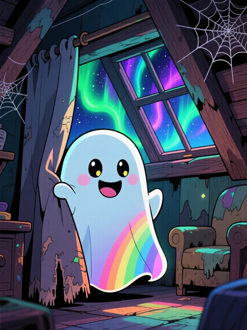 A round friendly ghost playing peekaboo behind a curtain in a cozy haunted attic beneath swirling aurora-lit skies; bright rainbow-tinted light washes over the scene as playful mischief fills the moment. Extreme close-up.