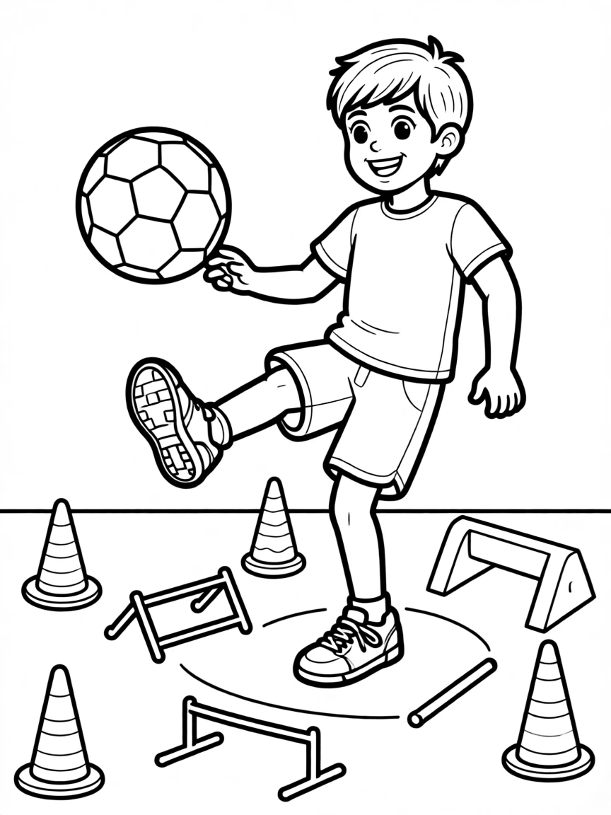 A child kicking a soccer ball through an obstacle course