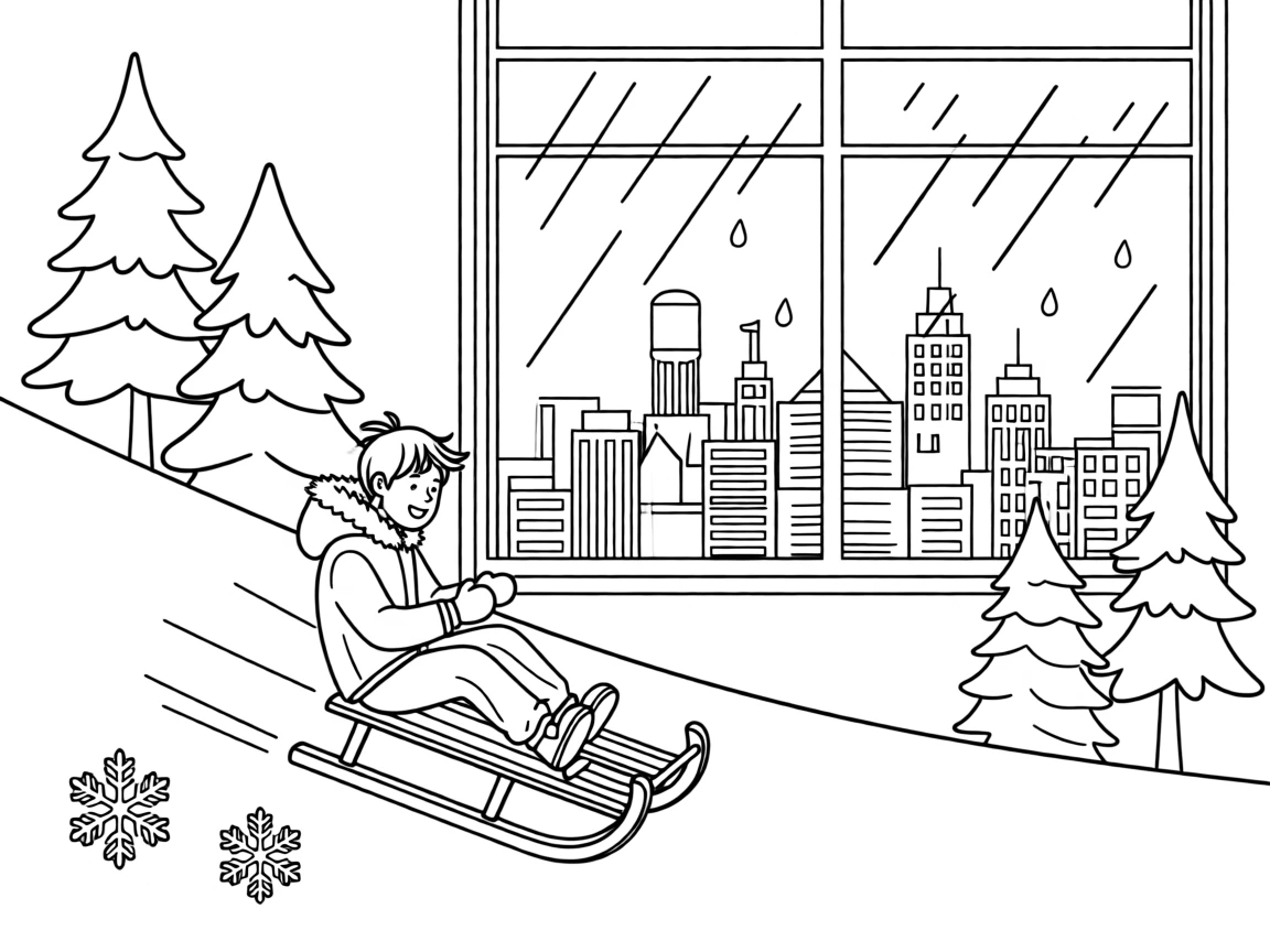 A sled racing down a snowy hill, raindrops racing down a window overlooking a city skyline.