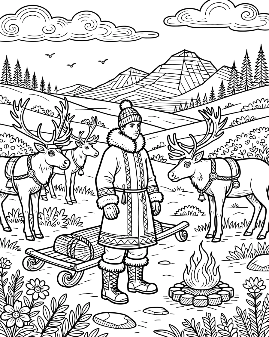 A reindeer herder scene in the Scandinavian tundra.