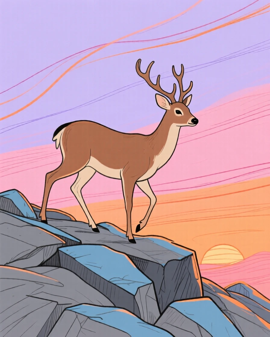 A gentle deer wandering on a rocky hillside at sunset.