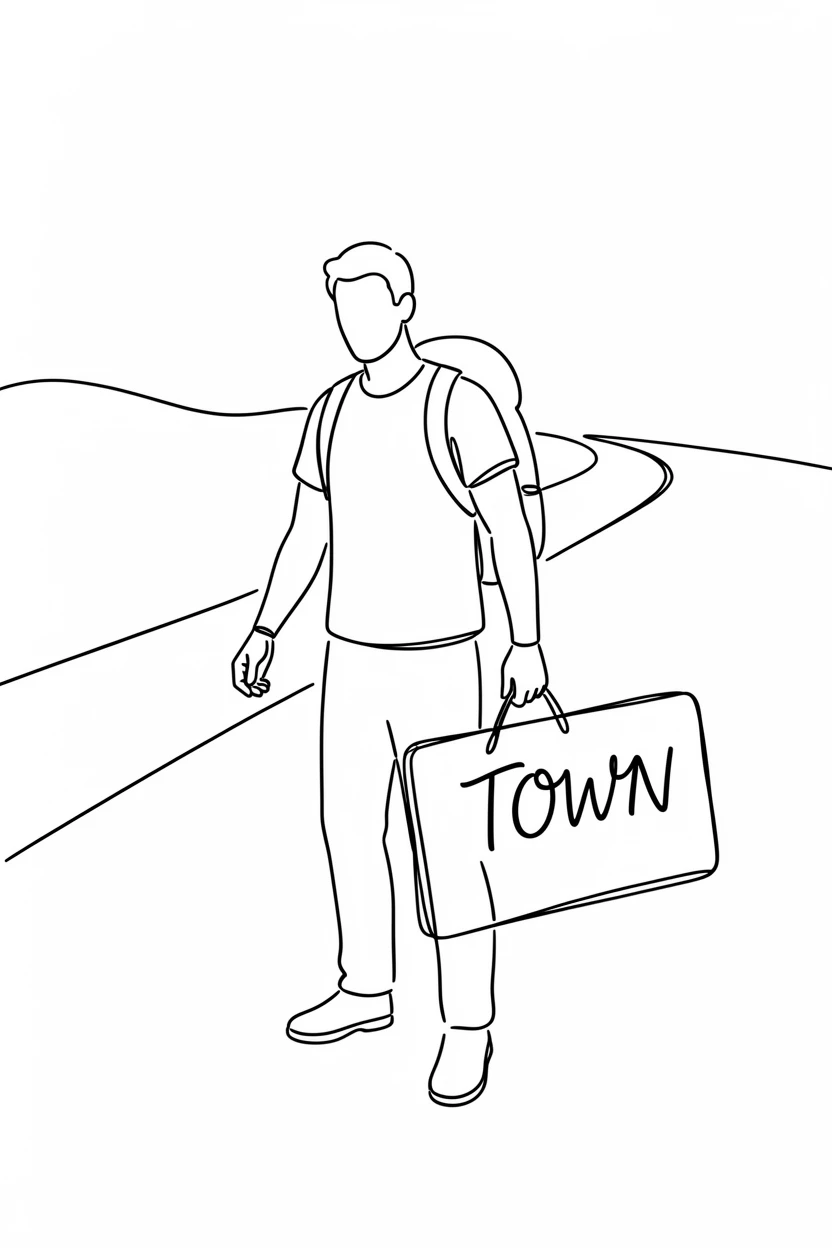 A hitchhiker standing beside a rural highway with a backpack and sign