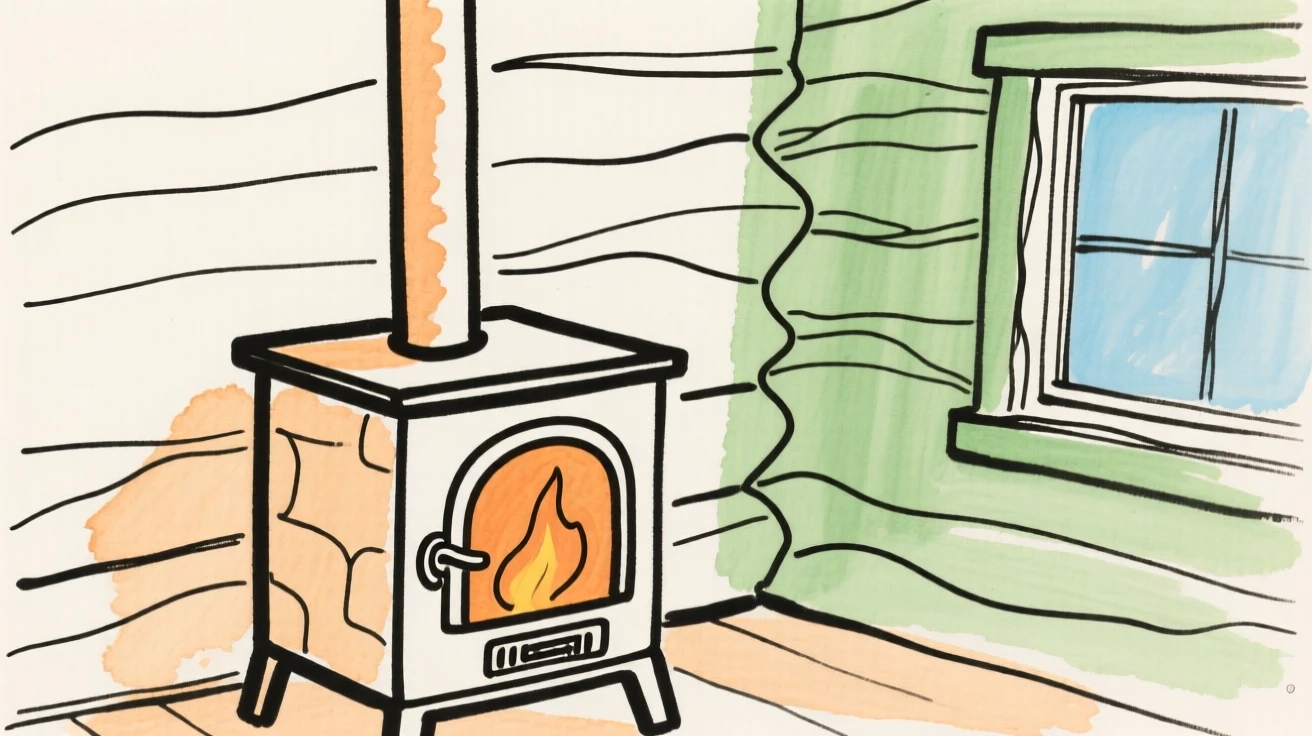 A wood-burning stove in a cabin