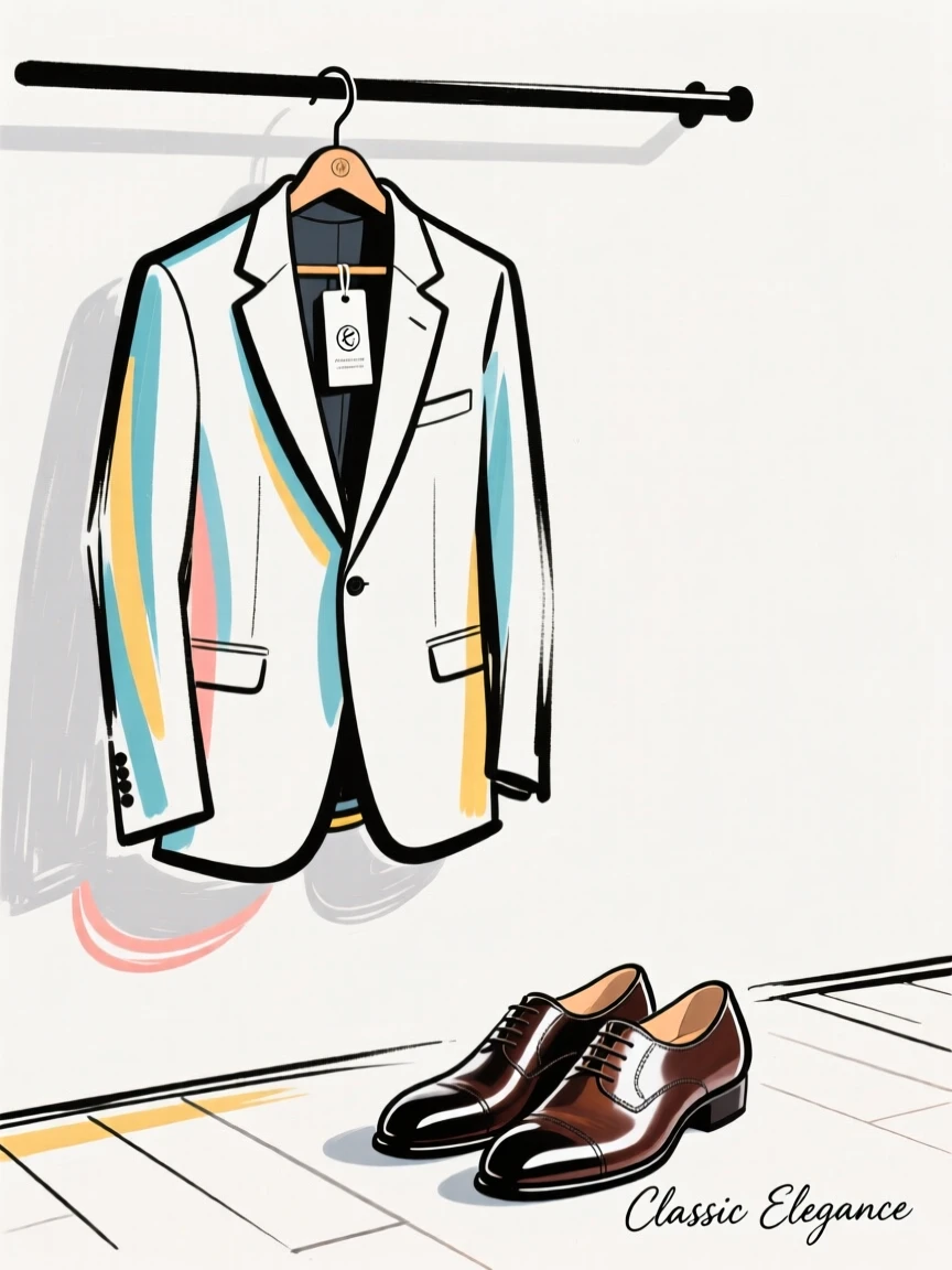 A tailored suit hanging neatly beside a pair of polished dress shoes.