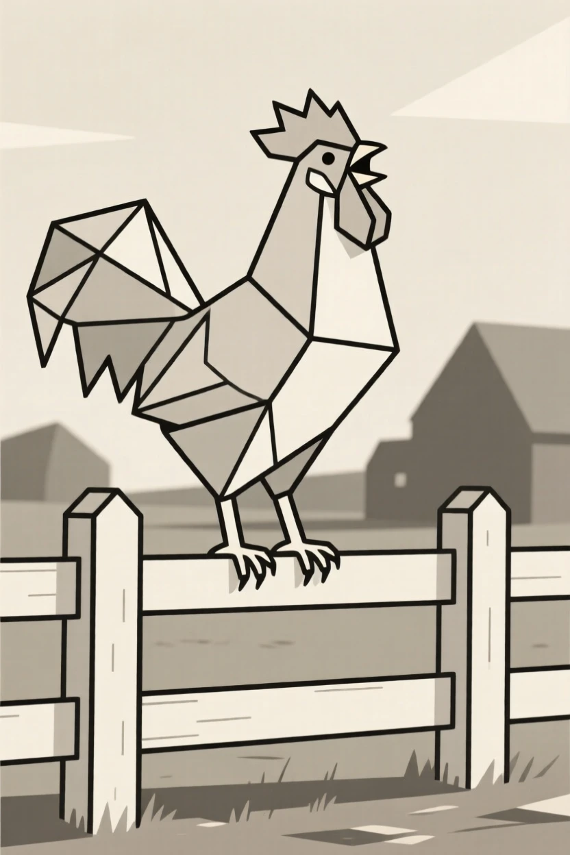 A rooster crowing atop a farmyard fence