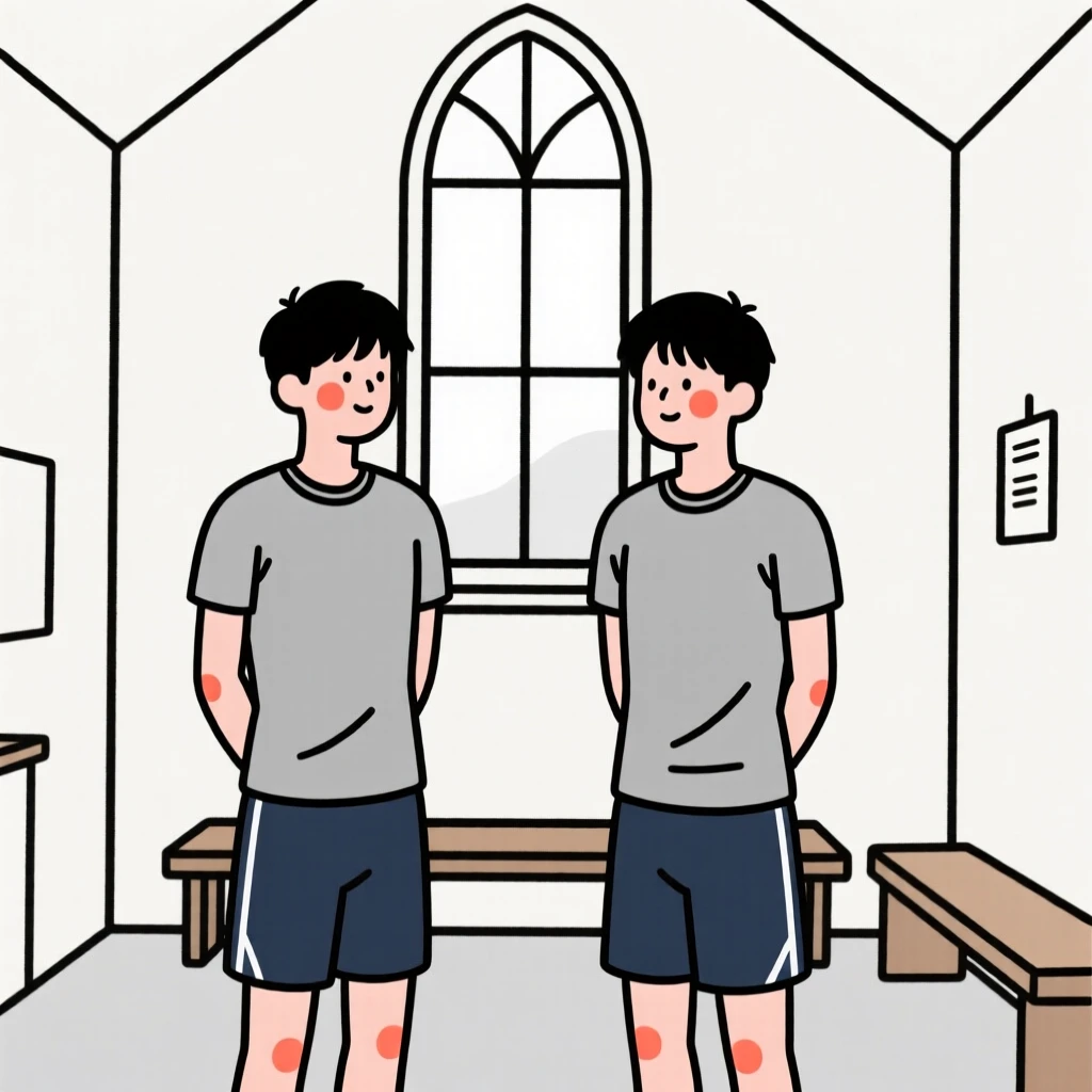Twin brothers in athletic workout wear, in a quiet chapel.