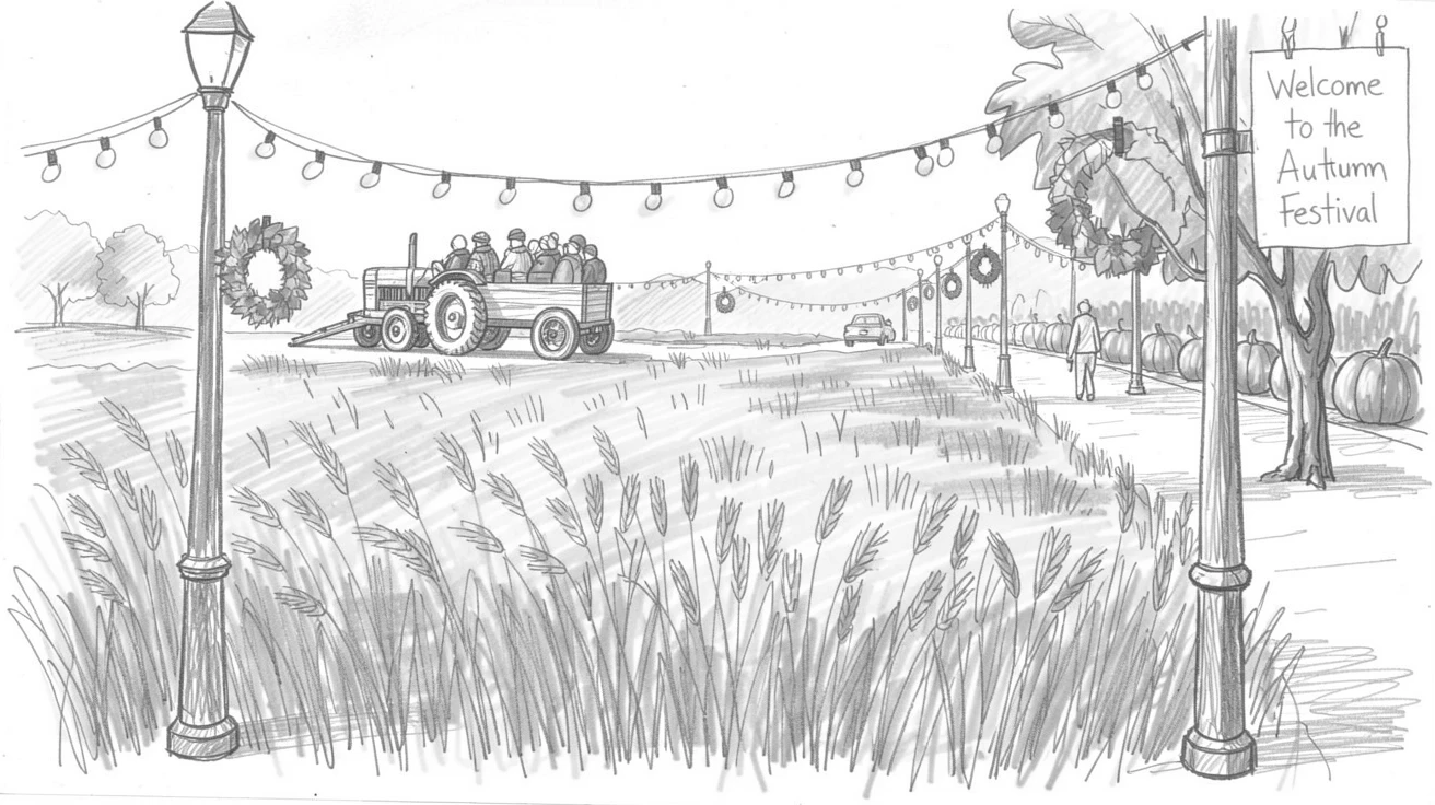 A festive scene of a autumn hayride through golden fields along a festively decorated street, with warm golden light everywhere.