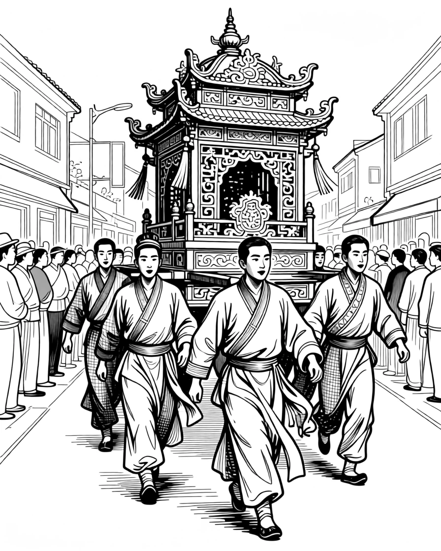 A colorful traditional procession carrying an ornate float through a festival street.