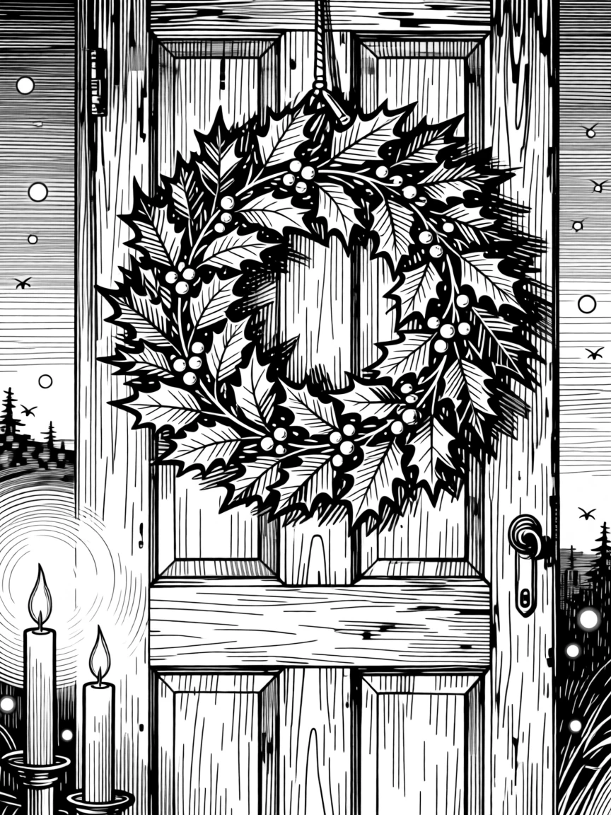 A wreath of holly hanging on an old wooden door as fireflies begin to appear at dusk, with candles flickering gently in the breeze, capturing a warmly festive seasonal moment.