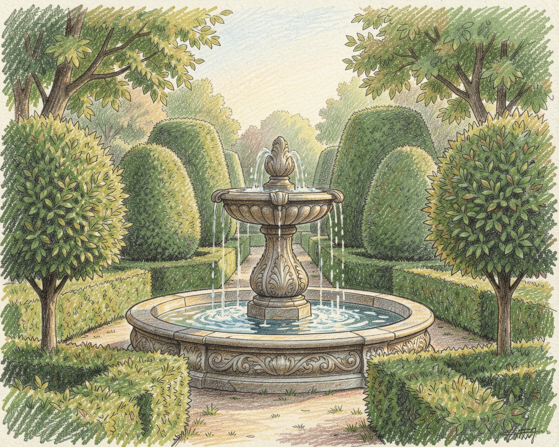 A formal garden with clipped topiary and a central stone fountain, captured in a quiet, intimate moment full of atmosphere, radiating comfort, joy, and quiet beauty.
