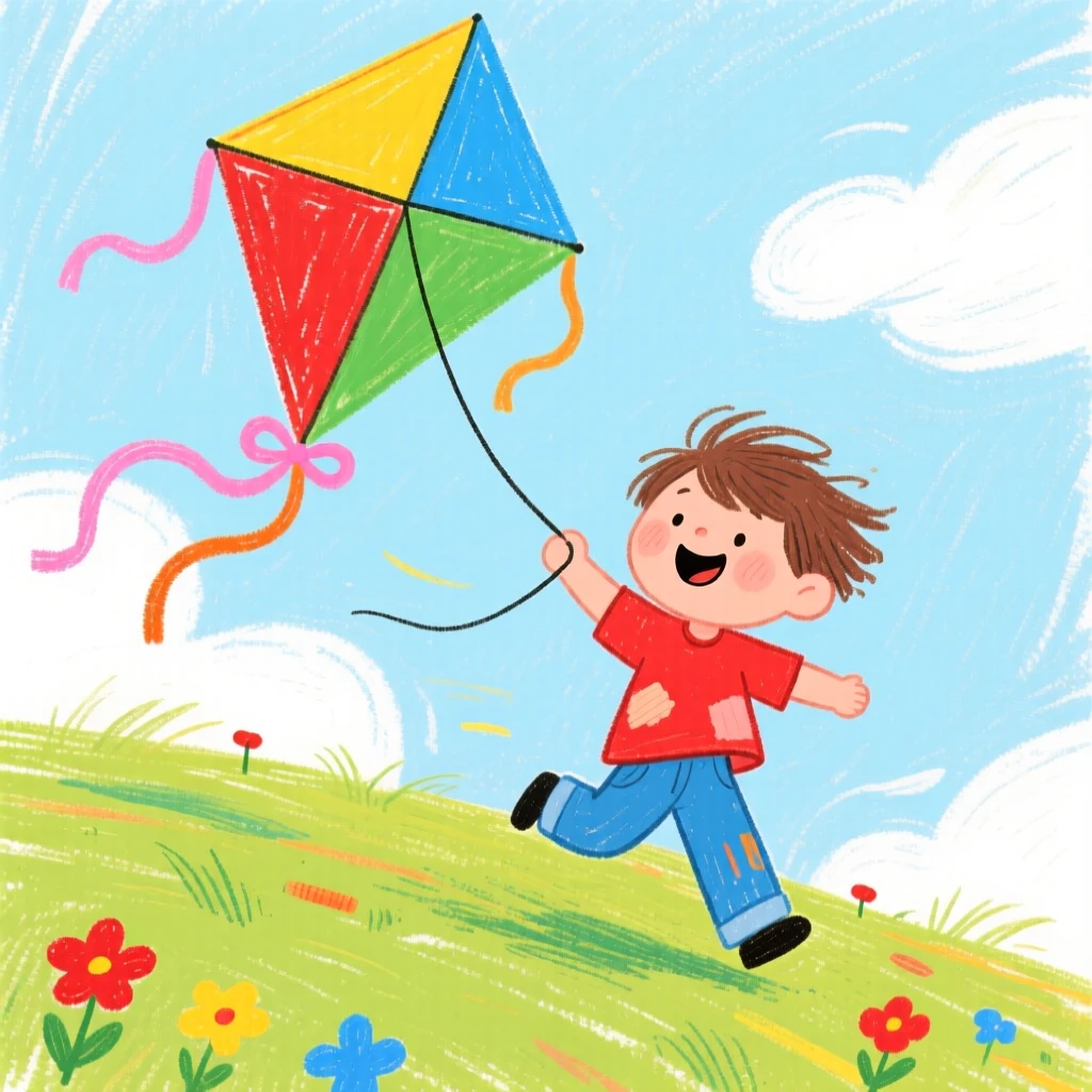 A child flying a colorful kite on a windy hilltop.
